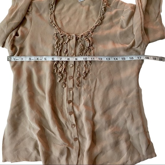 Pendleton Khaki Semi-Sheer 100% Silk Ruffled Neck Button Front LS Blouse Women 8 - Picture 7 of 10